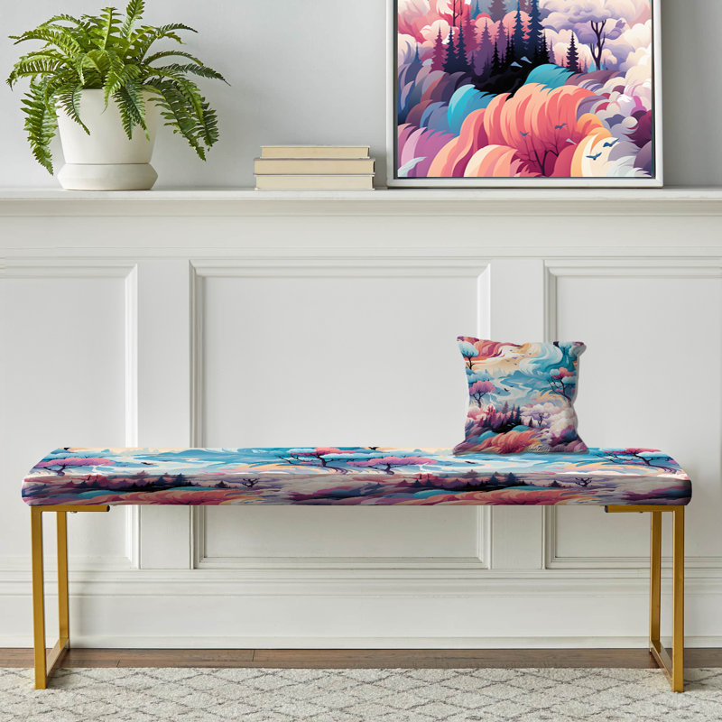 Paysage bleu et rose Nomad - banc abstrait en tissu d'ameublement doré