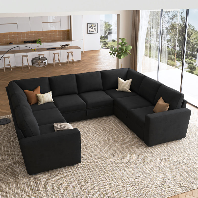 Canapé-lit modulaire convertible en forme de U Niyona, Velours noir