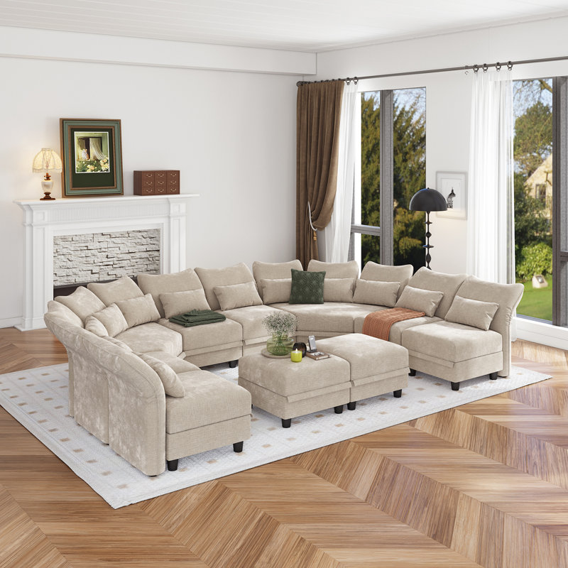 Bernel 130" Wide Chenille Modular Sectional with Ottoman, Ivory Microfiber/Microsuede
