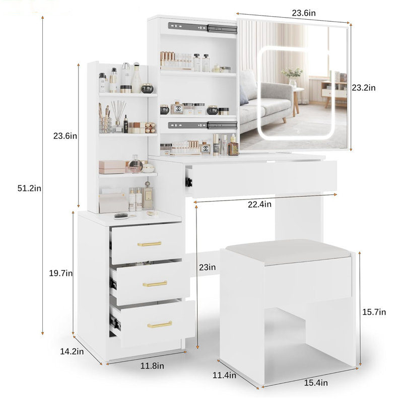 Vanity Desk,makeup Vanity Desk With Sliding Lighted Mirror, Charging Station, White
