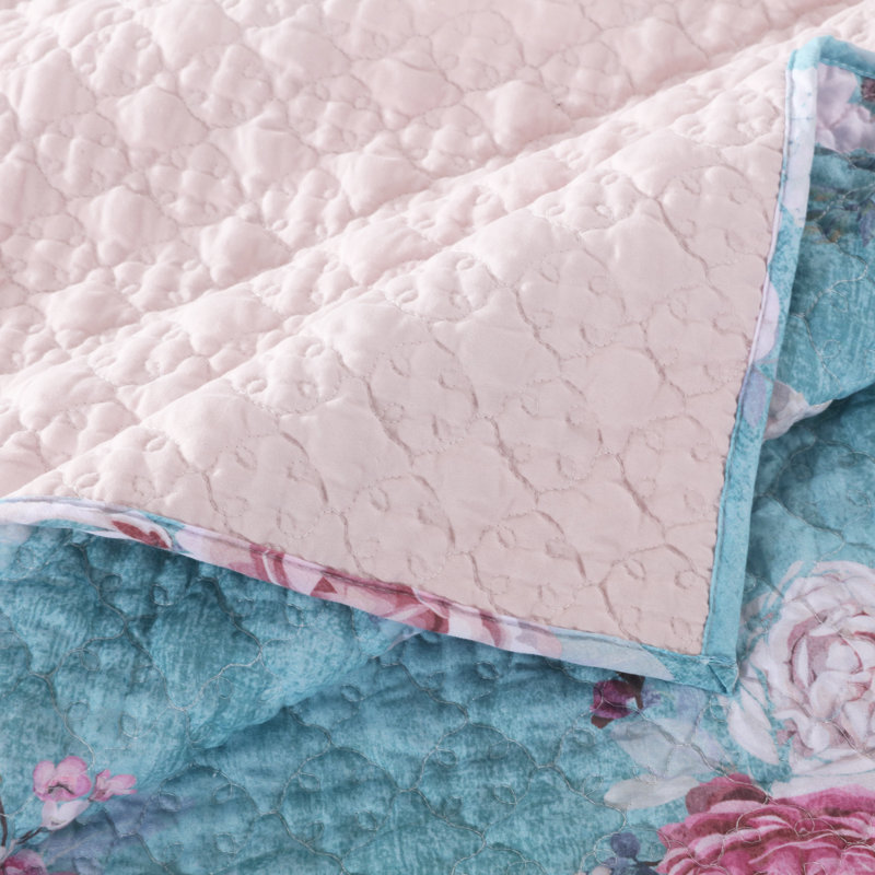 Blush and Turquoise Floral Microfiber Twin Quilt Set
