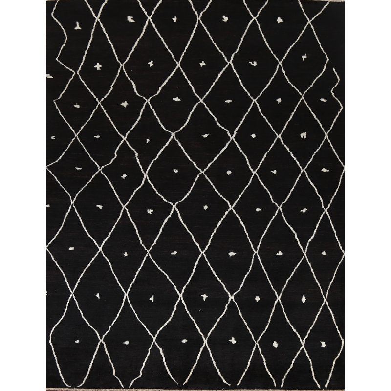 Tapis noir en laine noué à la main de conception unique 7 pi 10 po x 9 pi 10 po