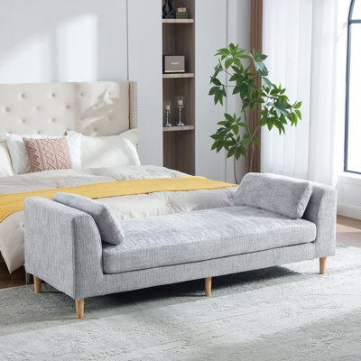 Modern Upholstered End of Bed Bench with Armrests and Bolster Pillows
