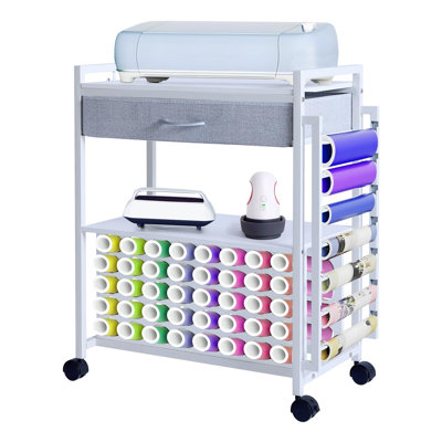 Craft Storage Cart with Vinyl Roll Holder & Drawer – Mobile Workstation for Cricut Cutting Machines, Crafting Tools, and Accessories