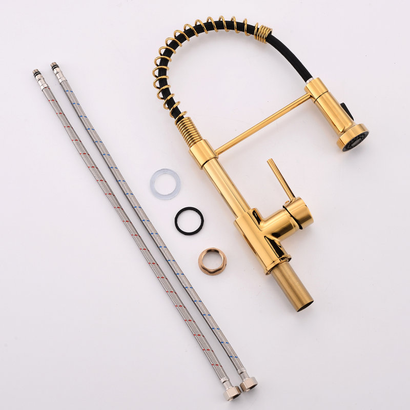 Single Lever Black And Gold Kitchen Sink Faucet With Pull Down - Brass Material, Spot Coating, Simple Installation Process In Construction For Durability, Smooth Water Spray Experience, Easy Guidance