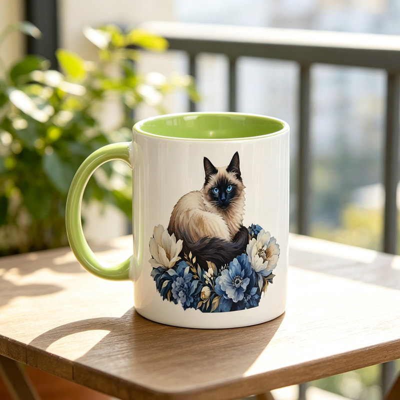 Ceramic Mug with Beautiful Siamese Cat And Blue White Floral Design - Perfect Gift for Cat Lovers on Birthday, Christmas.