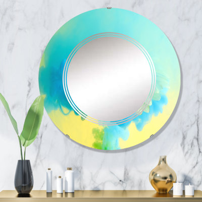 Encre turquoise sur fond jaune - miroir mural moderne rond