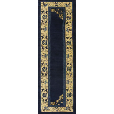 Navy Blue Antique Peking Chinese Knotted Hallway Runner Rug