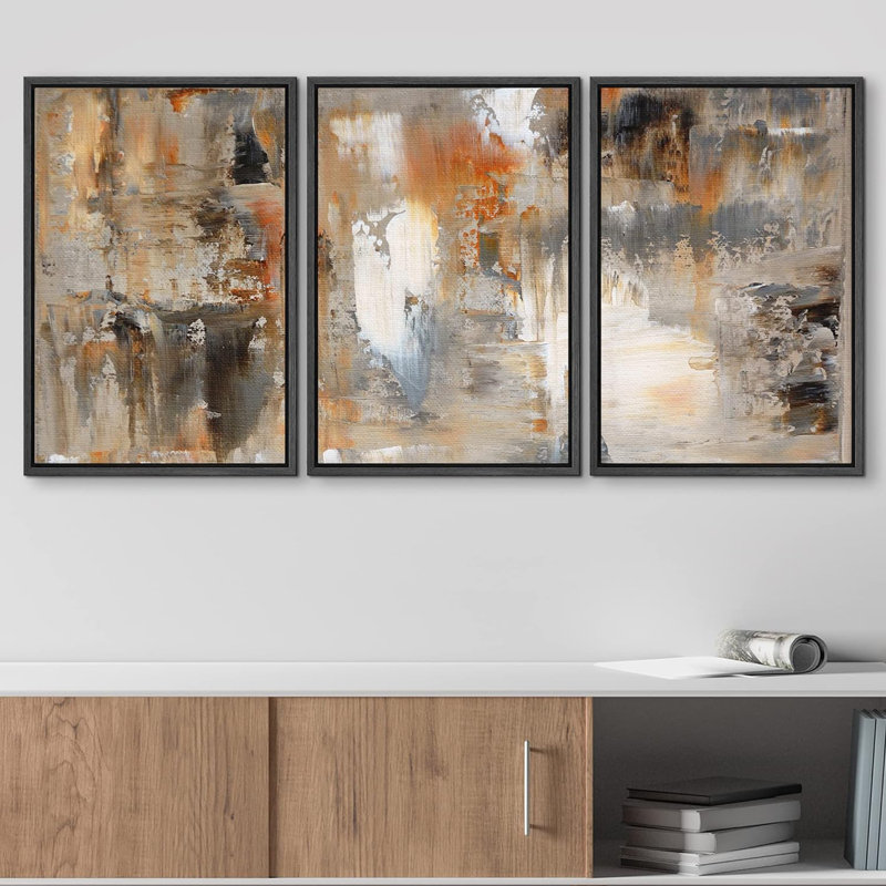 «Black, White and Orange Brushstrokes Abstract Shapes Chic Ultra on Canvas», reproduction de 3 pièces, H 36 po x l 72 po