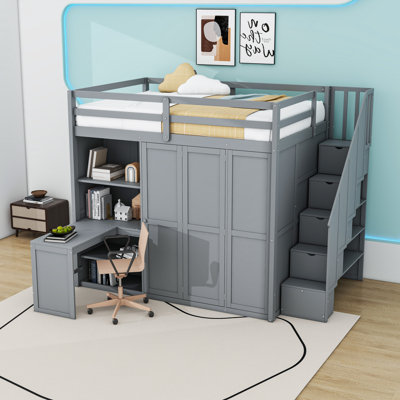 Full Wooden Loft Bed with Desk, Wardrobe and Storage Stairs