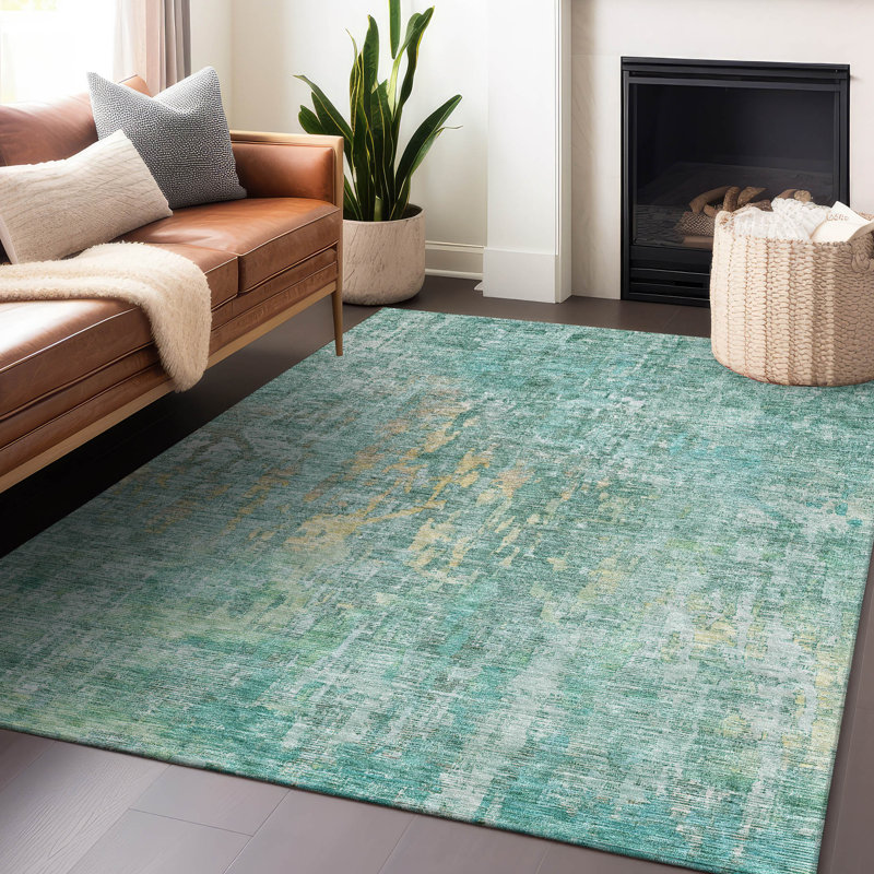Machine Washable Indoor/Outdoor Claudian ACN1237 Teal Rug, Rectangle 10' x 14'