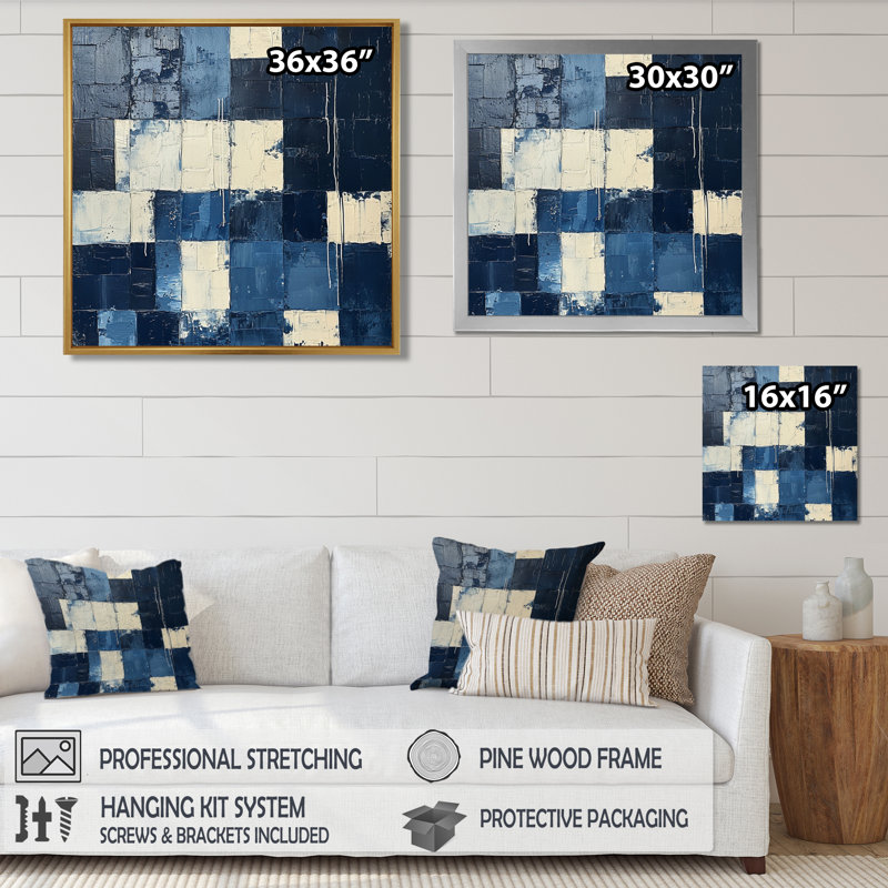 Cubiste carré bleu royal et blanc - décoration murale abstraite, Toile avec cadre flottant brun, H 16 po x l 16 po x P 1 po