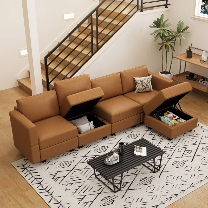 Colusa Faux Leather L-Shaped Sectional Sofa, Orange