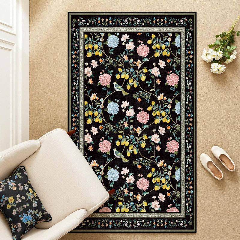 Tapis floral lavable antidérapant Botanical, 3'x 5', Black