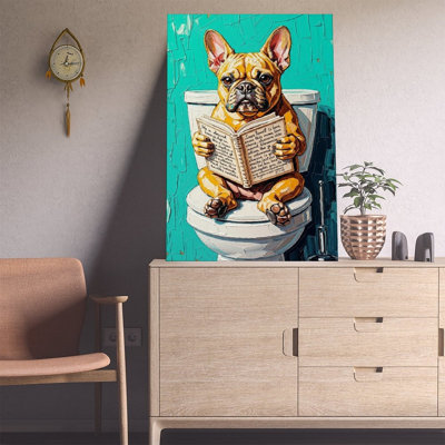 Canvas Wall Art Funny French Bulldog Toilet Canvas Print – Bathroom Wall Art-1 Vintage Poster Print Home Decor