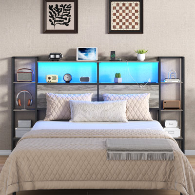Metal Headboard For Bed With Storage Shelves, Headboards With Charging Station & LED Lights For Bedroom by Wrought Studio