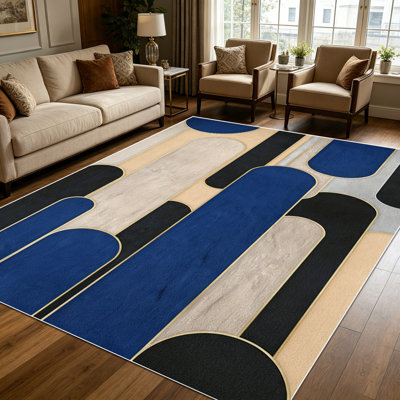 1PC Modern Abstract Geometric Rounded Stripe Navy Blue Black Beige Tone area rugs for Living Room, Soft and Comfortable, Suitable for all seasons, easy-to-maintain, machine washable Indoor floor mat,
