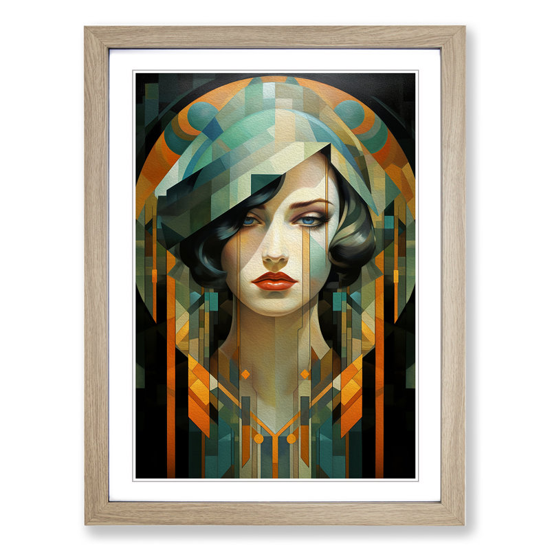 Art Deco Woman Geometric Art Framed Print, 46cm H x 34cm W, Oak Framed