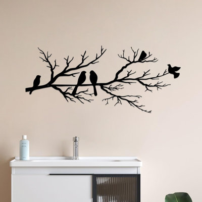 Décoration murale oiseaux en métal, sculpture murale en métal oiseaux vifs sur branche, feuilles noires avec oiseau, sculpture murale suspendue à l'extérieur pour la maison sur le balcon du jardin (grand)