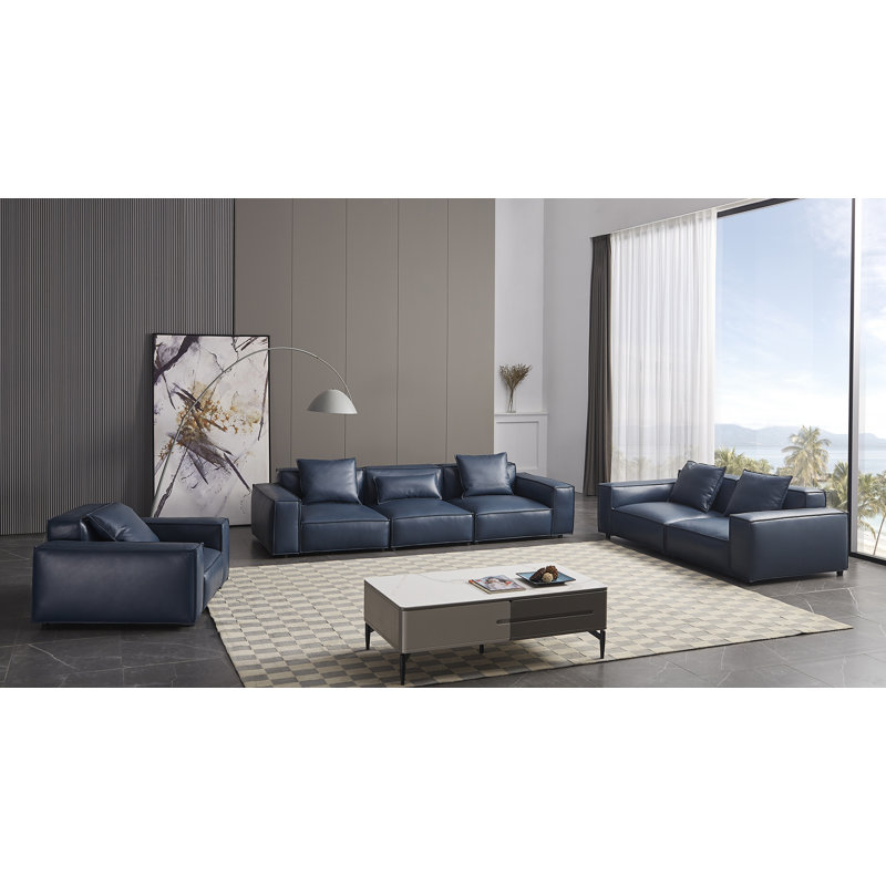 Navy Blue Genuine Leather and Wood Loveseat