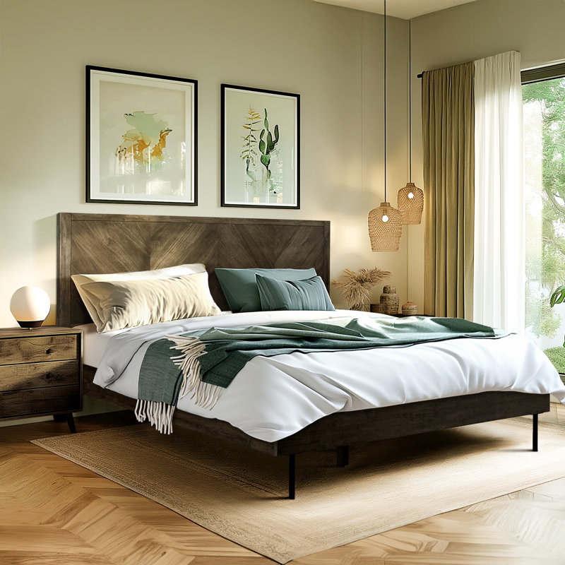 Queen Solid Wood Platform Bed with Headboard, No Box Spring Needed - 800 lbs Heavy Duty Bed Frame, Mocha, Queen, Mocha