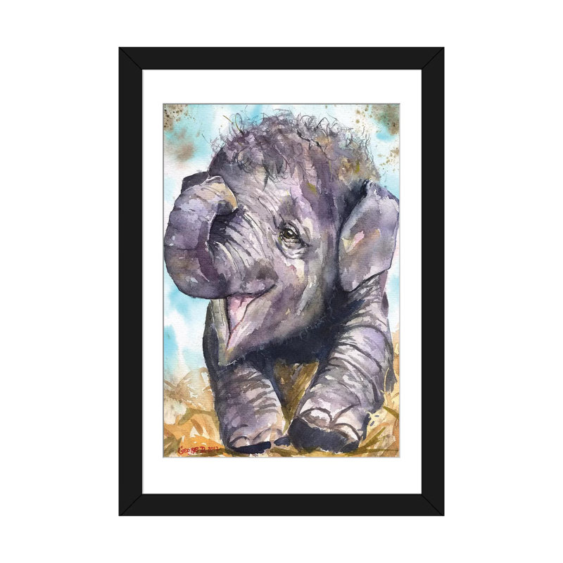 «Happy Elephant» par George Dyachenko, impression sur toile tendue, H 32 po x l 24 po x P 1 po, Papier d'art encadré noir