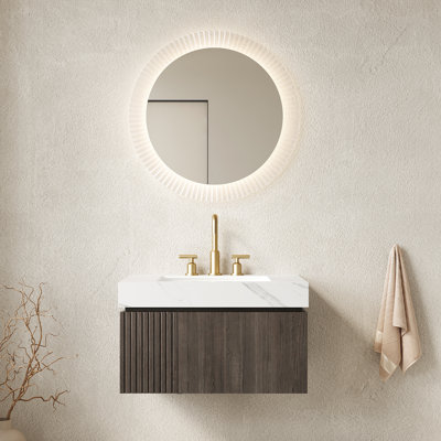 Meuble-lavabo flottant en contreplaqué flottant de 30 po, comptoir en pierre frittée blanche et lavabo en céramique, rangement avec porte de tiroir, meuble-lavabo pré-assemblé résistant à la chaleur avec armoire hydrofuge