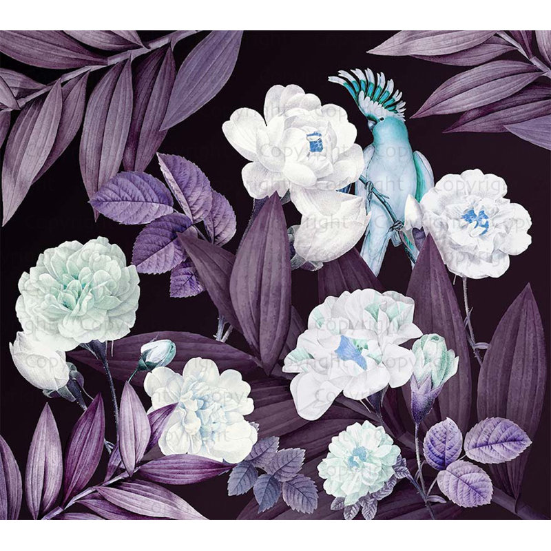 Papier peint exotique fleurs nuit jardin oiseau tropical, L 110,04 po x l 122 po, Purple