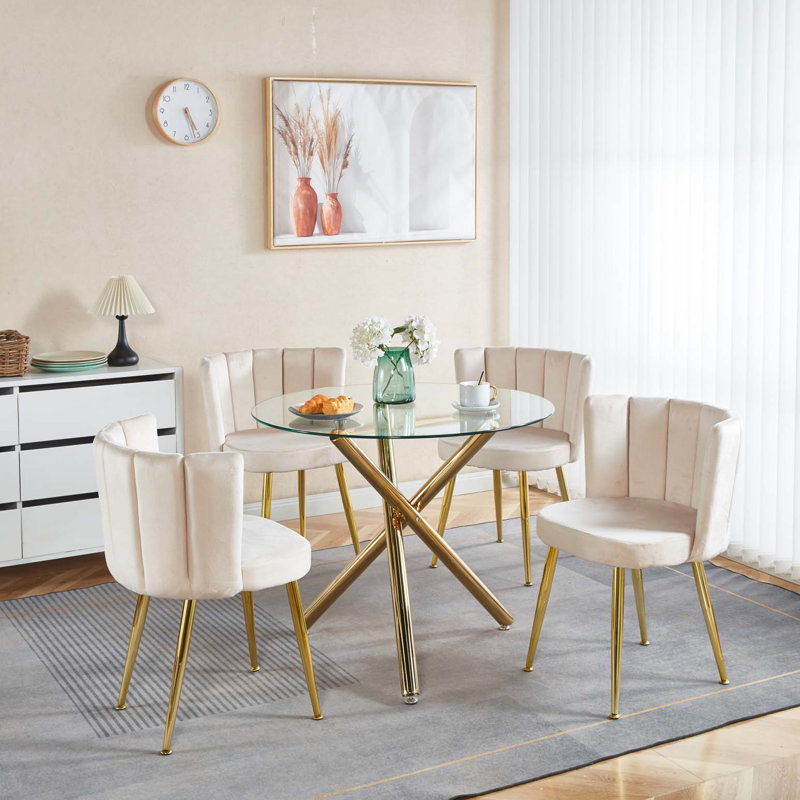 Ensemble de salle à manger 1 + 4,5 pièces, table de salle à manger à pieds en métal Mid-Century pour 4-6 personnes avec plateau en verre, table de salle à manger à piédestal, table basse de loisirs