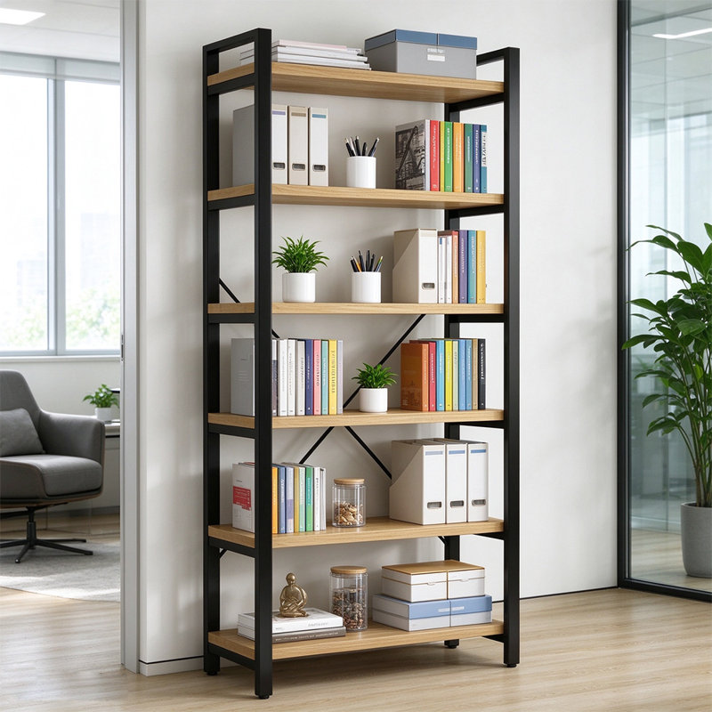 6-Tier Rustic Industrial Solid Wood Bookshelf, Wood and Metal Open Storage Rack for Home Office, natural finish
