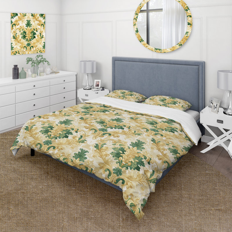 Ensemble de housse de couette damassé verte et motif baroque vert I, Housse de couette très grand + 2 taies décorativ