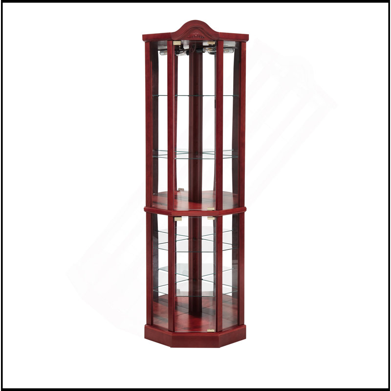 Exquisite Lighted Corner Cabinet With Adjustable Shelves And Carved Decoration, Cherry