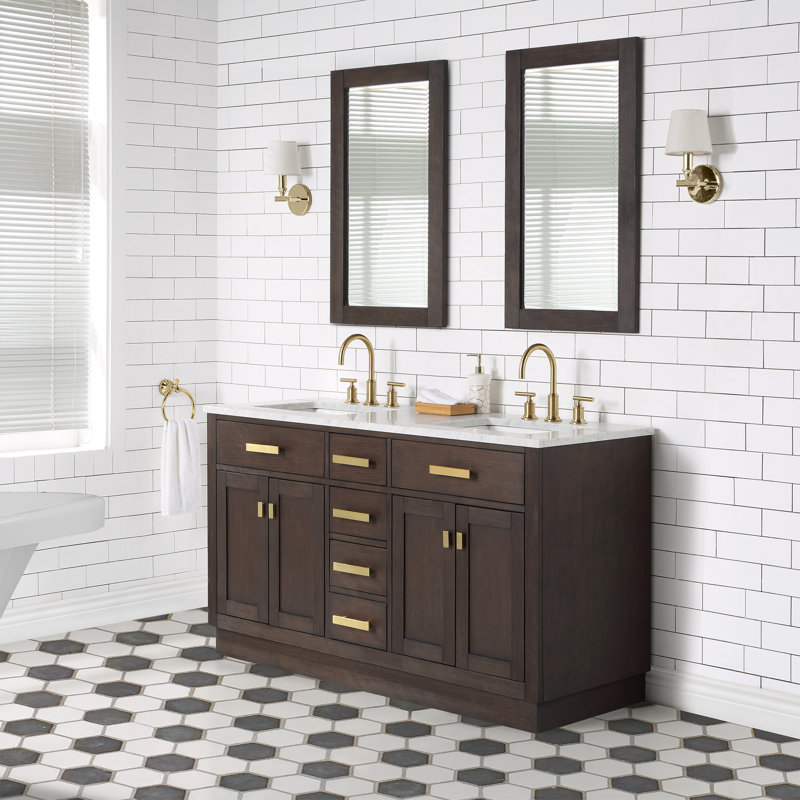 Chestnut 60" Carrara White Marble Countertop Bath Vanity with Mirror, Brown Oak