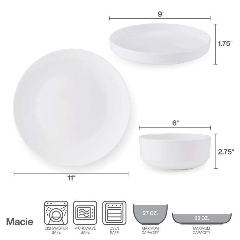 Service de table léger en porcelaine tendre et résistante aux ébréchures Mikasa Macie, 12 pièces, service pour 4