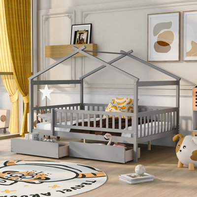 Full Size Wooden House Bed With Two Drawers
