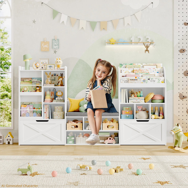 74.6"W Wood Kids Bookcase With 2 Drawers, Seat Cushion And Reading Nook，Toy Organizers And Storage, White
