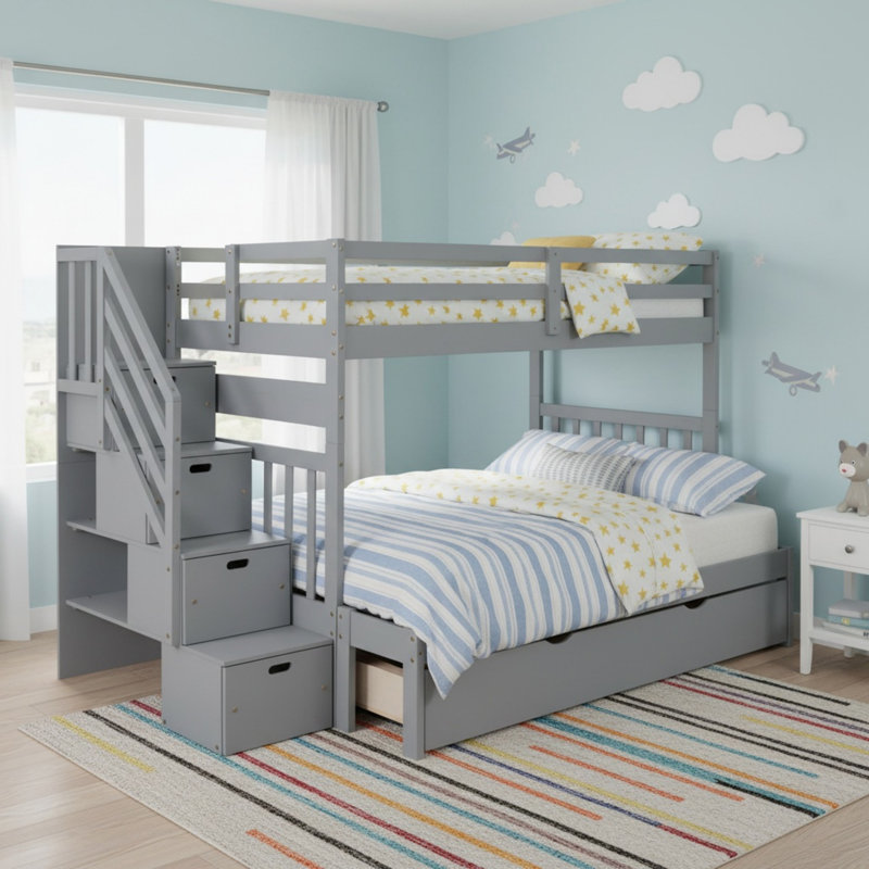 Lit superposé simple au-dessus d'un lit double en bois massif avec lit gigogne simple pour chambre à coucher, Gris