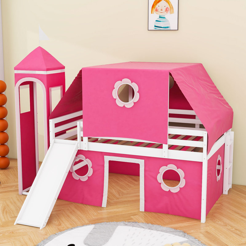 Lit mezzanine en bois avec toboggan, tente et tour, Double, Rose