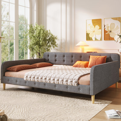 Modern Queen Size Upholstered Daybed with Tufted Backrest, Linen Fabric Frame, No Box Spring Needed, Gray by Latitude Run