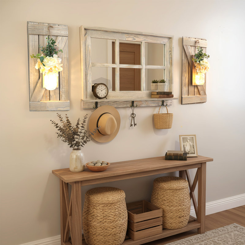 Light Brown Window Pane Mirror with Z-Style Shutters and Set of 2 Mason Jar Sconces