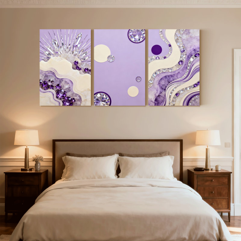 Abstrait, vagues de cristal mauves abstraites, ensemble de 3 impressions sur toile, H 18 po x l 36 po