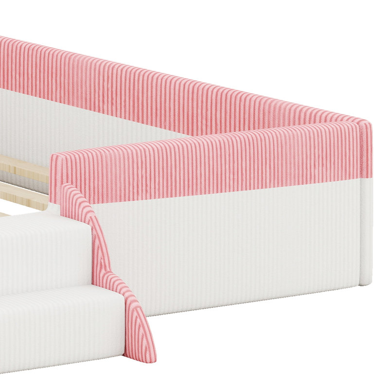 Lit de luxe rembourré avec lumières à DEL intelligentes, clôture et marches à 2 niveaux, Très grand lit, Rose et blanc