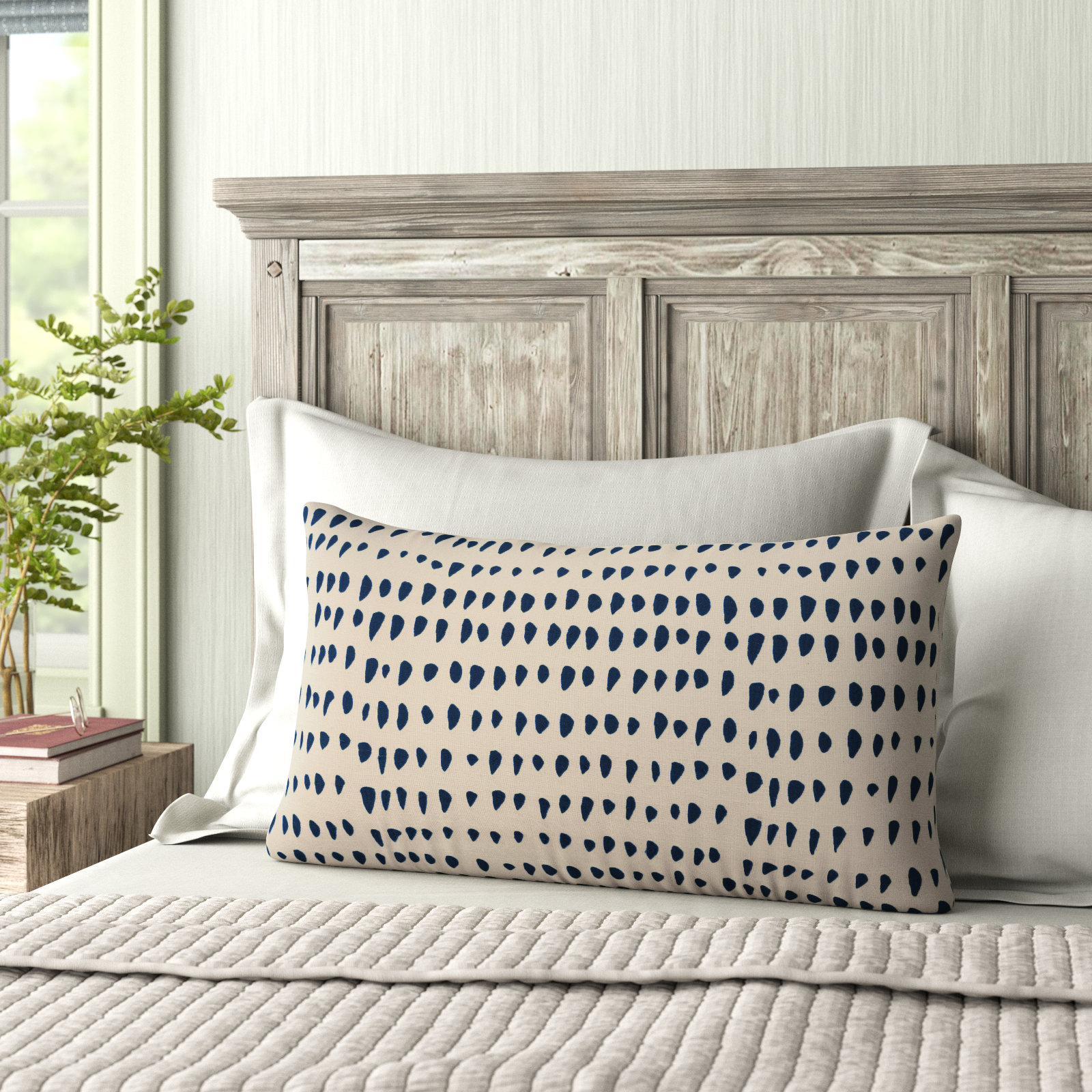 Fabray 26" x 14" Embroidered Throw Pillow, Natural/Deep Dark Blue