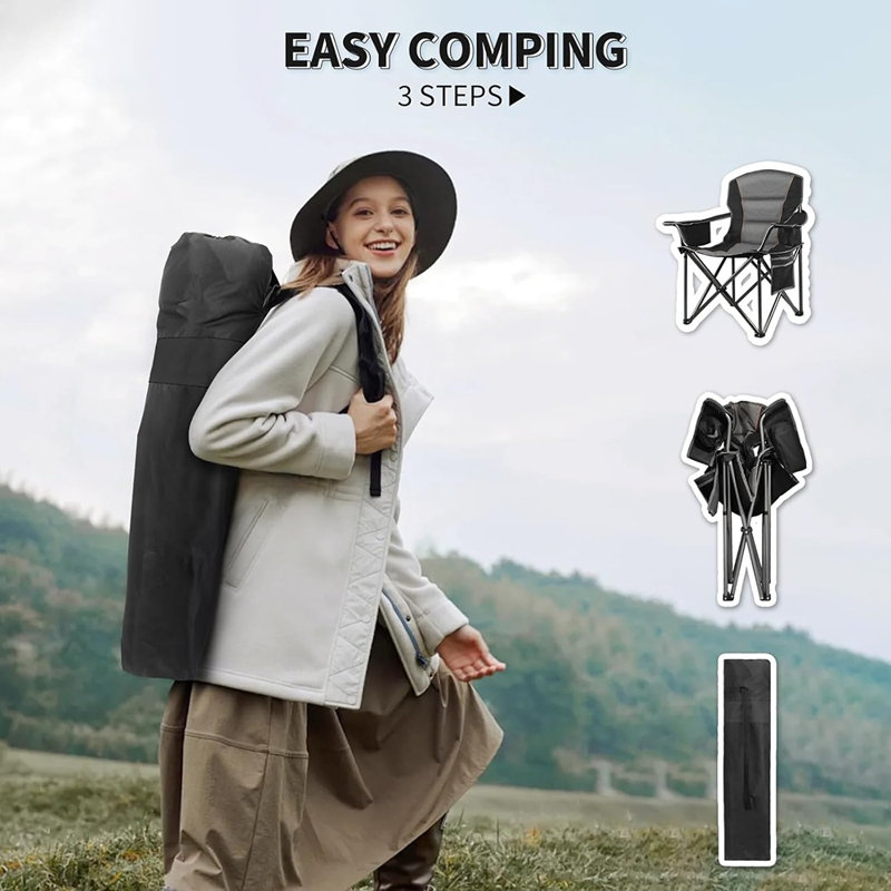 2-pack Oversized Padded Camping Chairs For Adults – Heavy-duty Folding Lawn Chairs With 400lb Capacity, Cup Holder, Cooler Bag & Side Pocket For Picnic, Hiking & Outdoor Use, Black