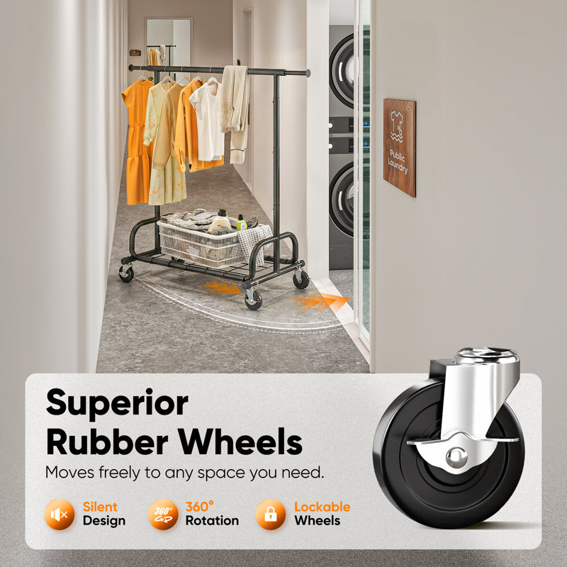 Portant à vêtements robuste avec tablettes d'une capacité de 300 lb, support à vêtements sur roulettes de qualité commerciale avec support à vêtements compact en acier pour petits espaces, noir