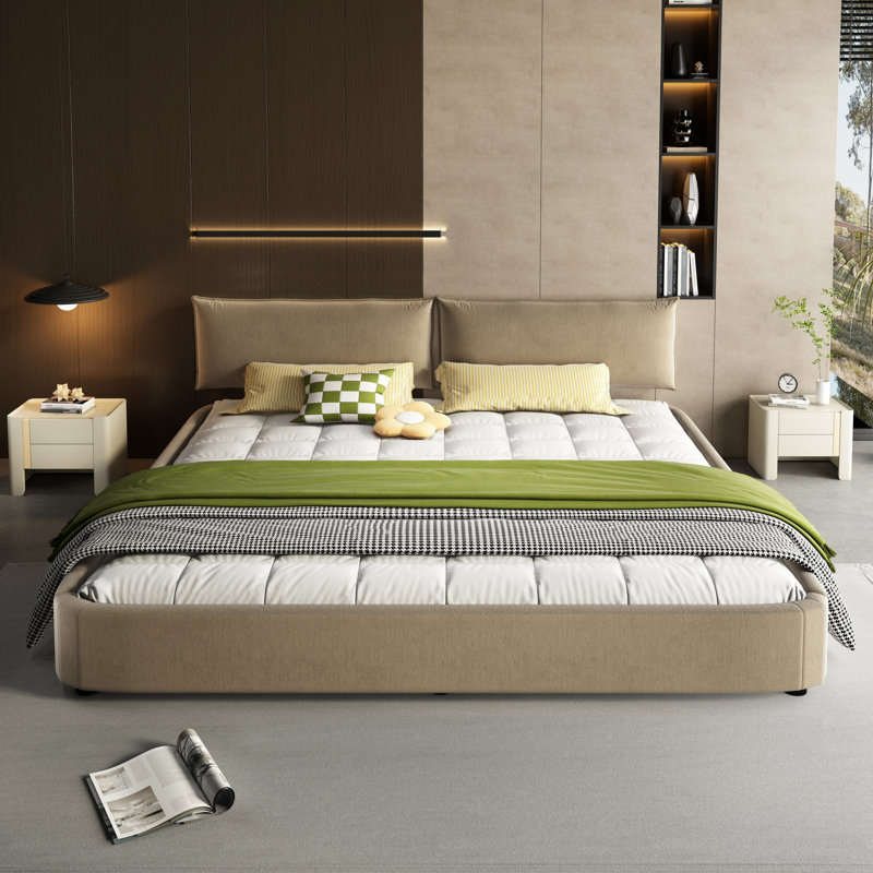 Très grande base de lit avec très grande tête de lit amovible rembourrée et lit tapissier, Chameau