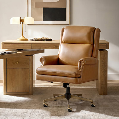 Eulalia Transitional High-Back Genuine Leather Executive Office Chair with Nailhead Trim and Tilting Function