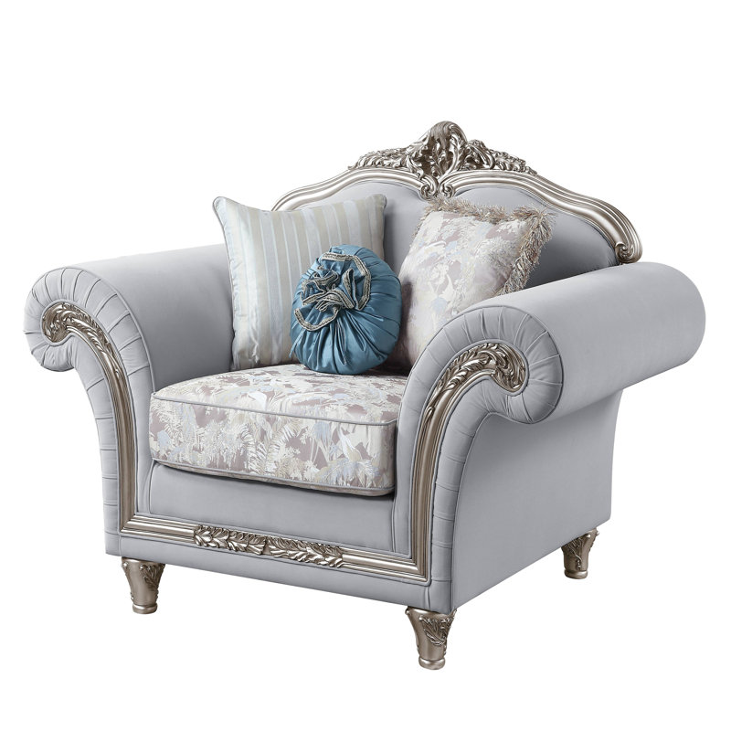 Chaise de salon à accoudoirs roulés évasés avec 3 coussins, gris clair, platine