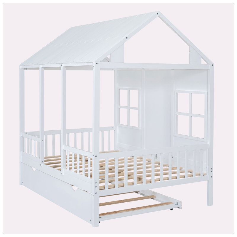 Lit double en bois avec lit gigogne simple, Blanc