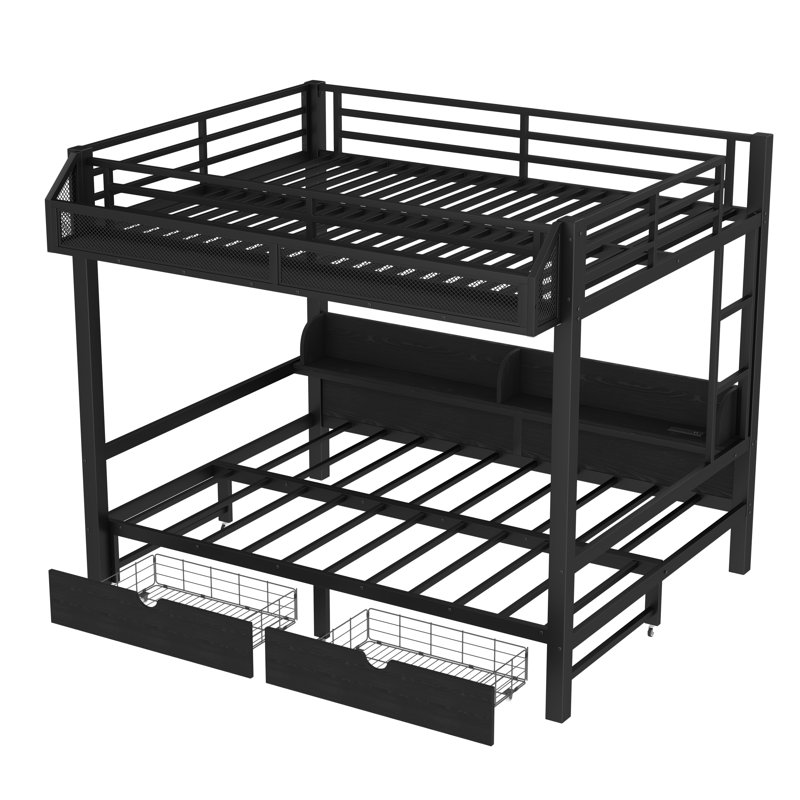 Queen over Queen Bunk Bed with Storage Shelves and Drawers, USB Ports & LED Lights, Convertible Lower Bed to Sofa, Metal Frame, Black